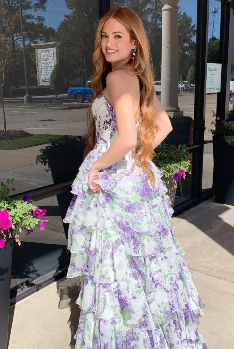 Haruko | A Line Floral Lilac Tiered Chiffon Long Corset Prom Dress with Slit - KissProm