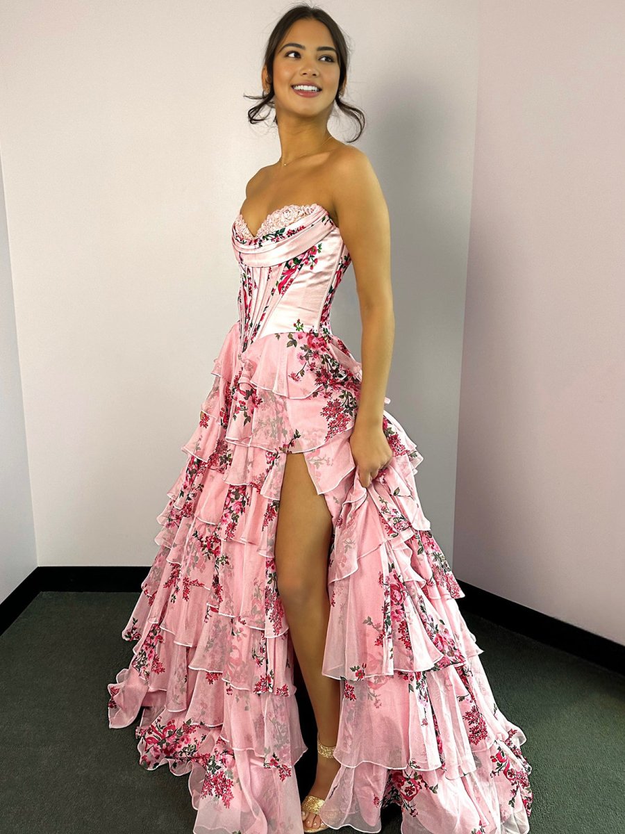 Haruko | A-Line Pink Strapless Chiffon Floral Ruffled Prom Dress With Slit - KissProm
