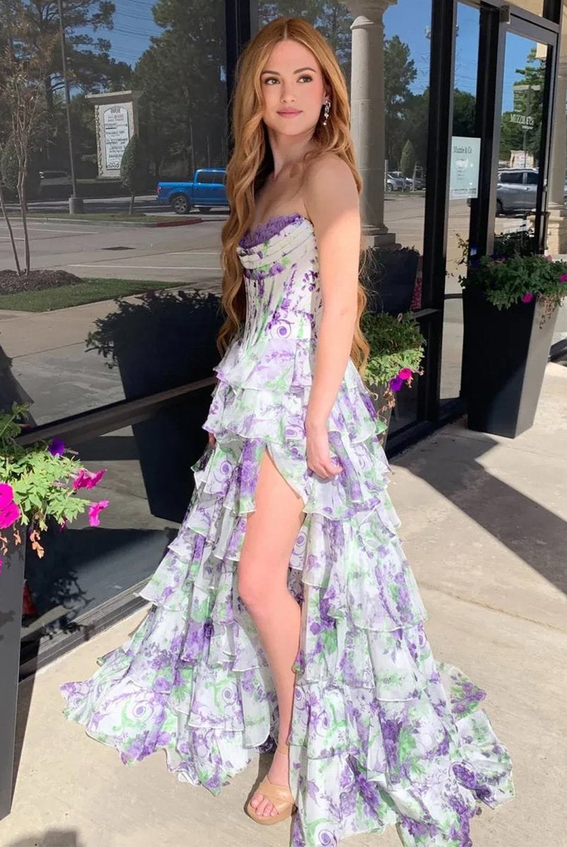 Haruko | A-Line Purple Strapless Chiffon Floral Ruffled Prom Dress With Slit - KissProm