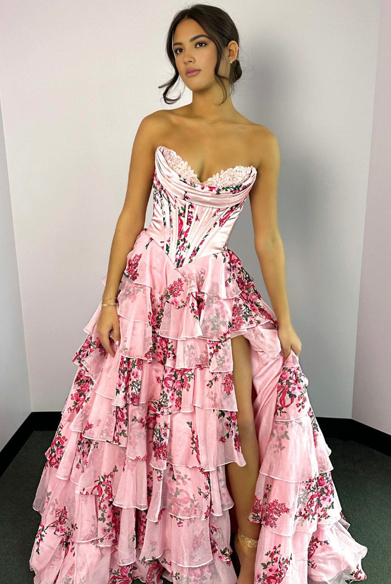 Haruko | A-Line Pink Strapless Chiffon Floral Ruffled Prom Dress With Slit - KissProm