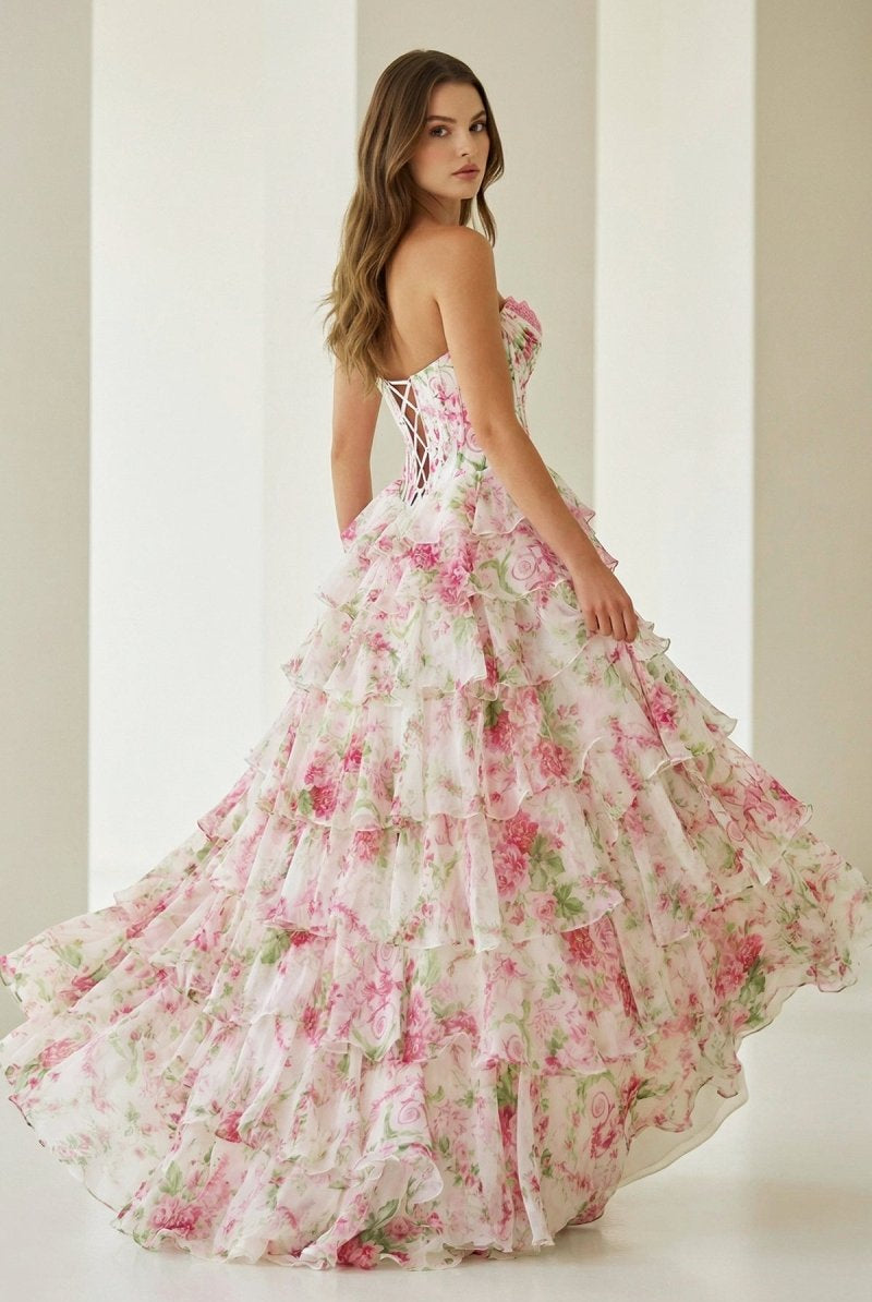 Haruko | A Line Floral Blush Tiered Chiffon Long Corset Prom Dress with Slit - KissProm