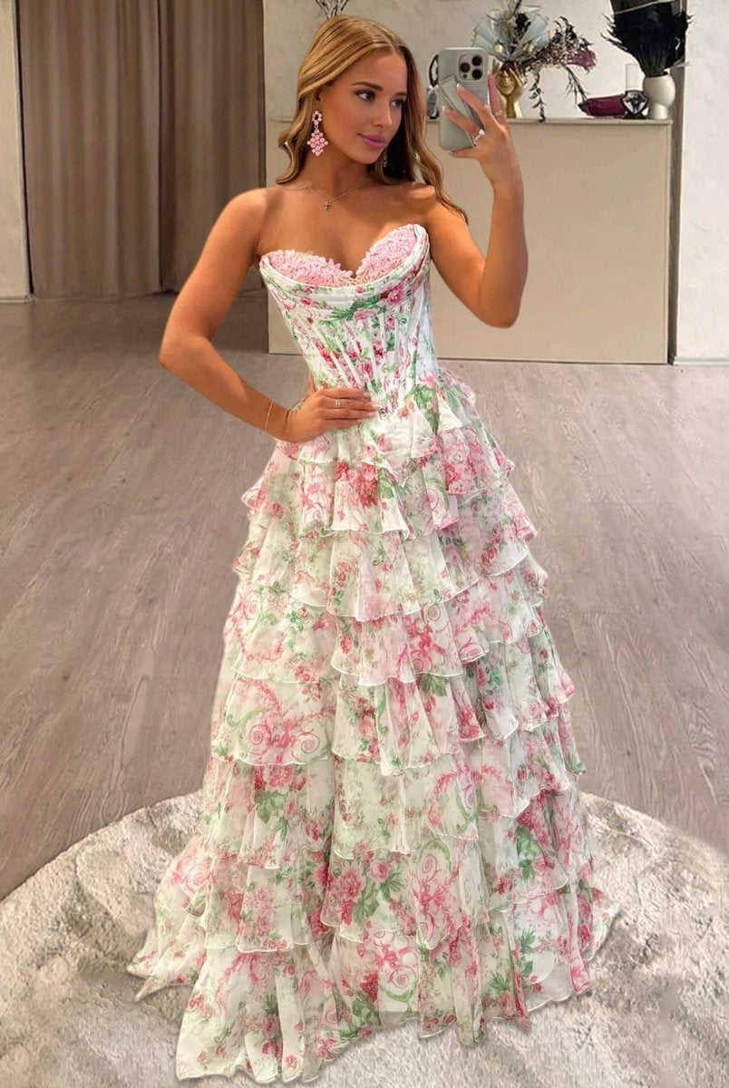 Haruko | A - Line Blush Strapless Chiffon Floral Ruffled Prom Dress With Slit - KissProm