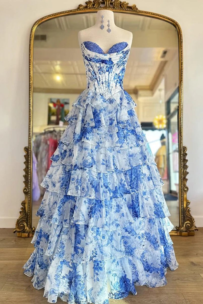 Haruko | A Line Floral Blue Tiered Chiffon Long Corset Prom Dress with Slit - KissProm