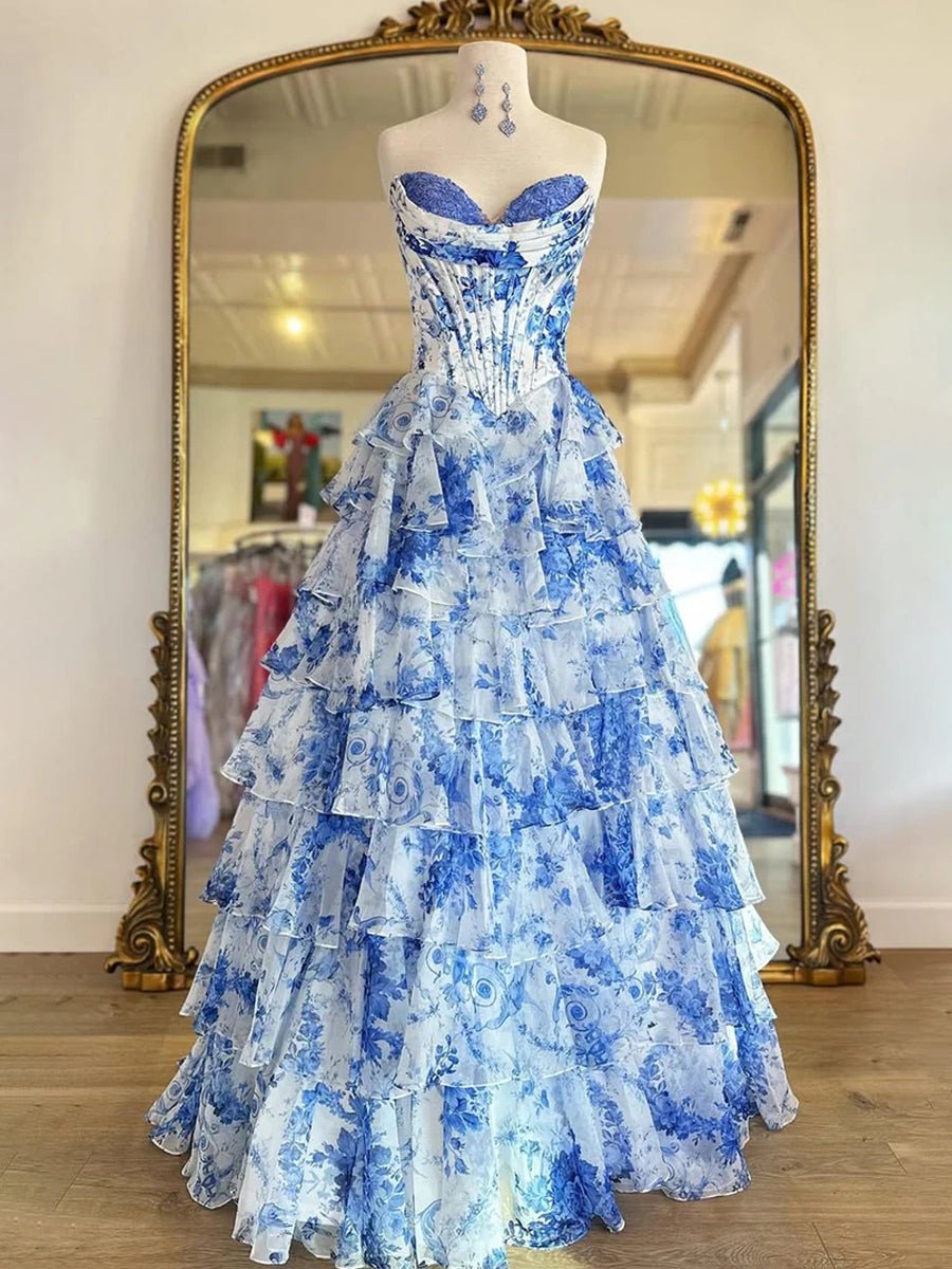 Haruko | A Line Floral Blue Tiered Chiffon Long Corset Prom Dress with Slit - KissProm