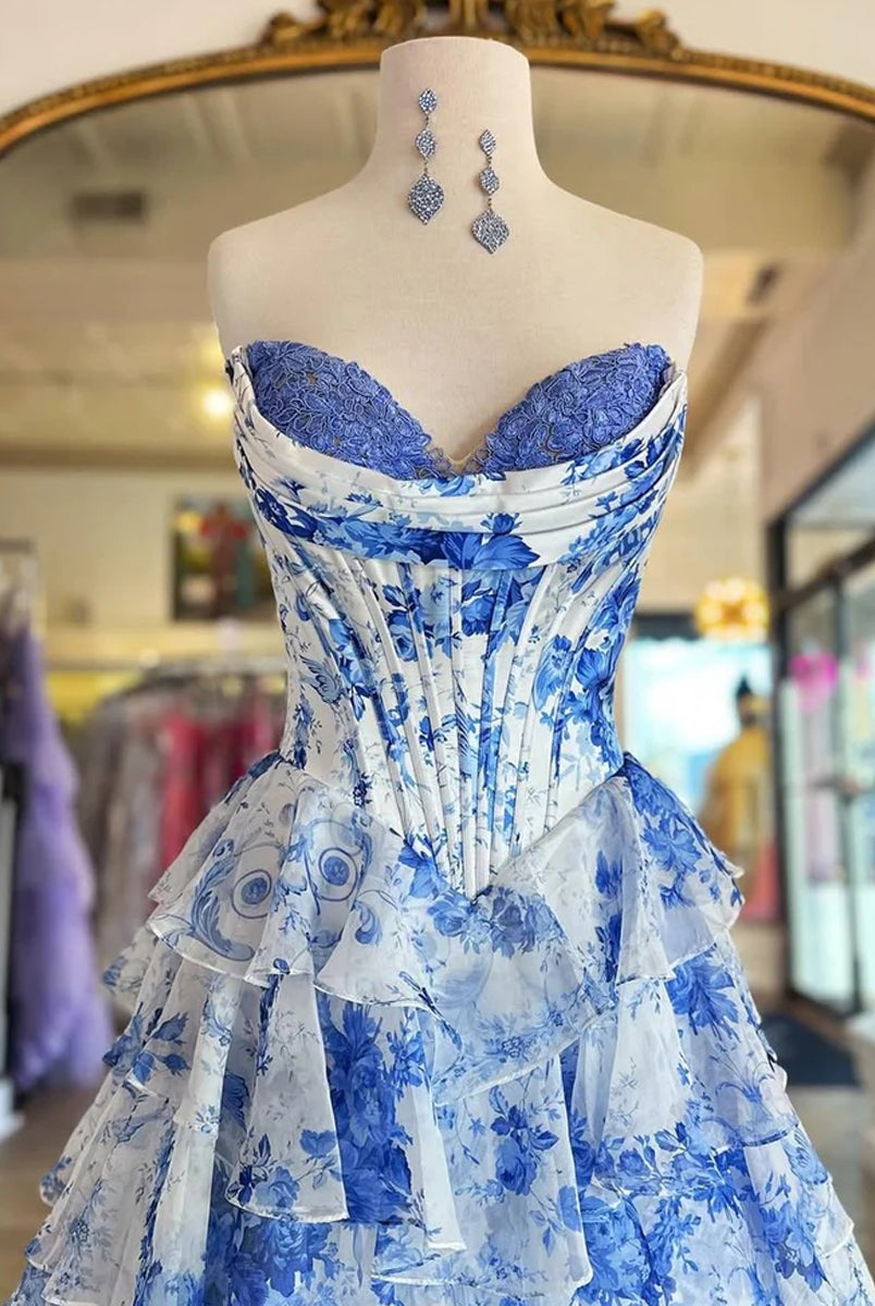 Haruko | A Line Floral Blue Tiered Chiffon Long Corset Prom Dress with Slit - KissProm