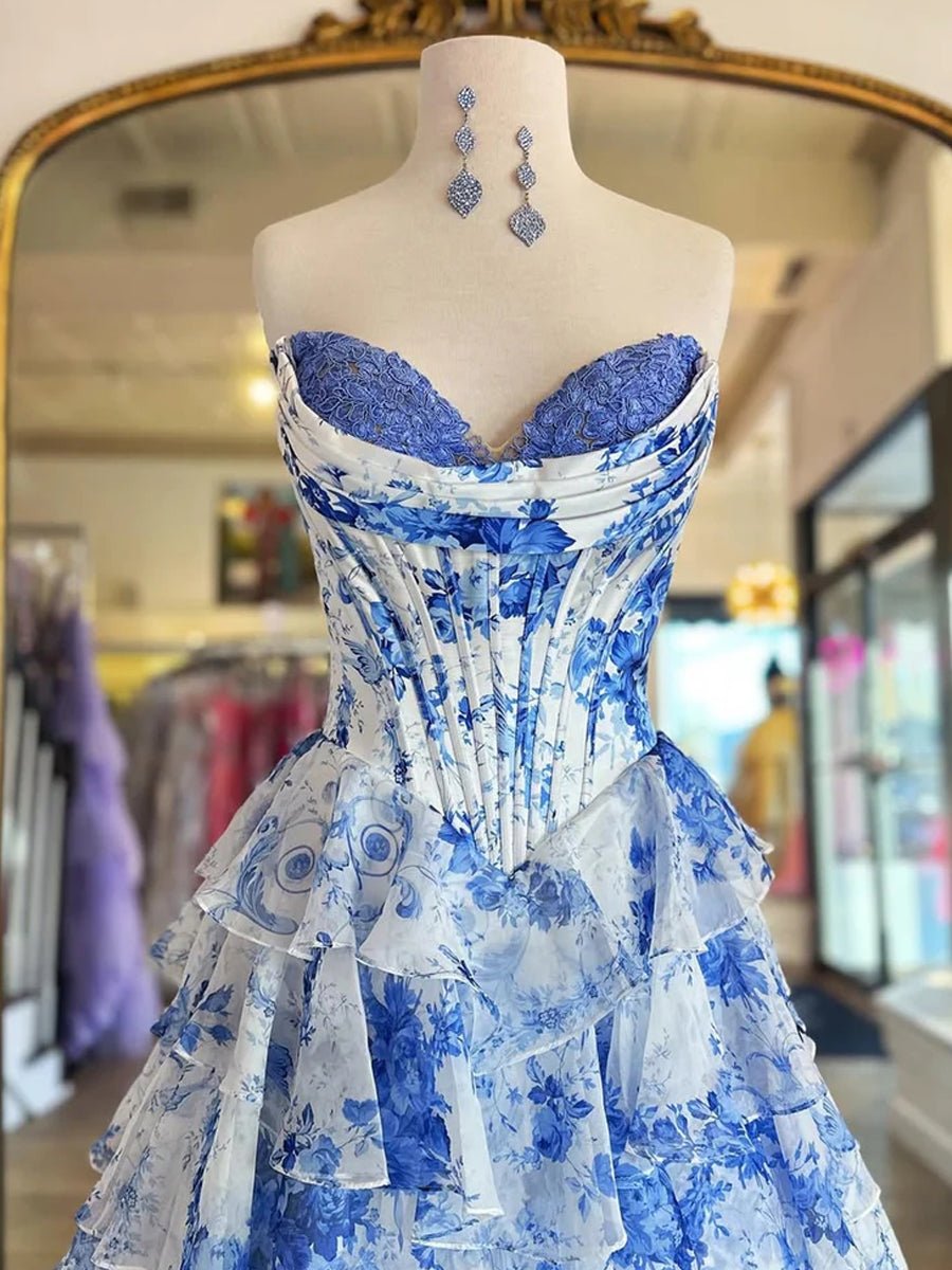 Haruko | A Line Floral Blue Tiered Chiffon Long Corset Prom Dress with Slit - KissProm