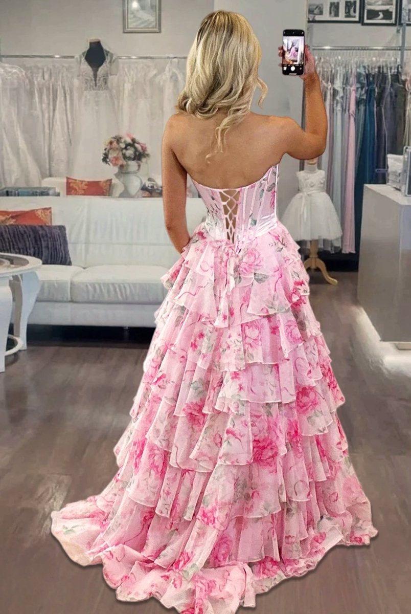 Haruko | A-Line Hot Pink Strapless Chiffon Floral Ruffled Prom Dress With Slit - KissProm