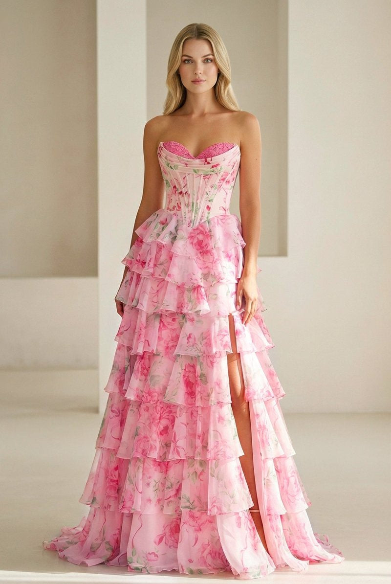 Haruko | A Line Floral Blush Tiered Chiffon Long Corset Prom Dress with Slit - KissProm