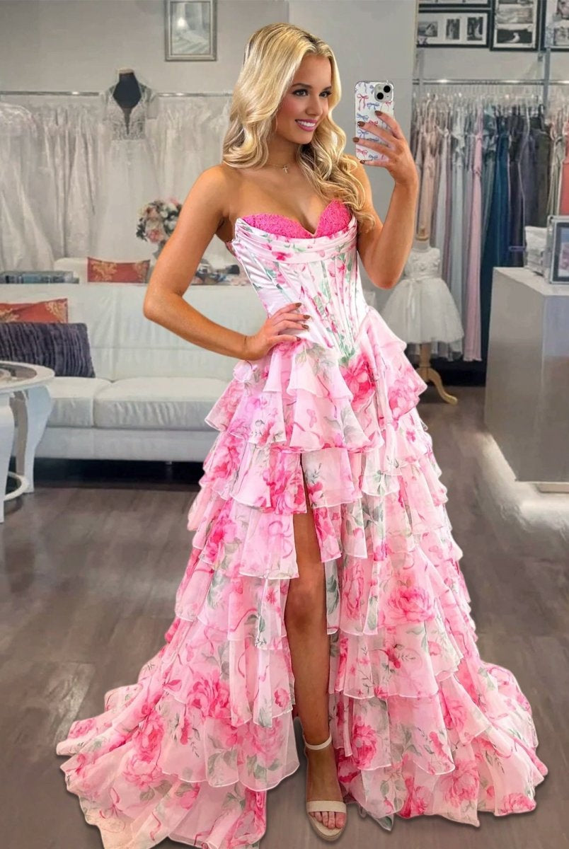 Haruko | A-Line Hot Pink Strapless Chiffon Floral Ruffled Prom Dress With Slit - KissProm