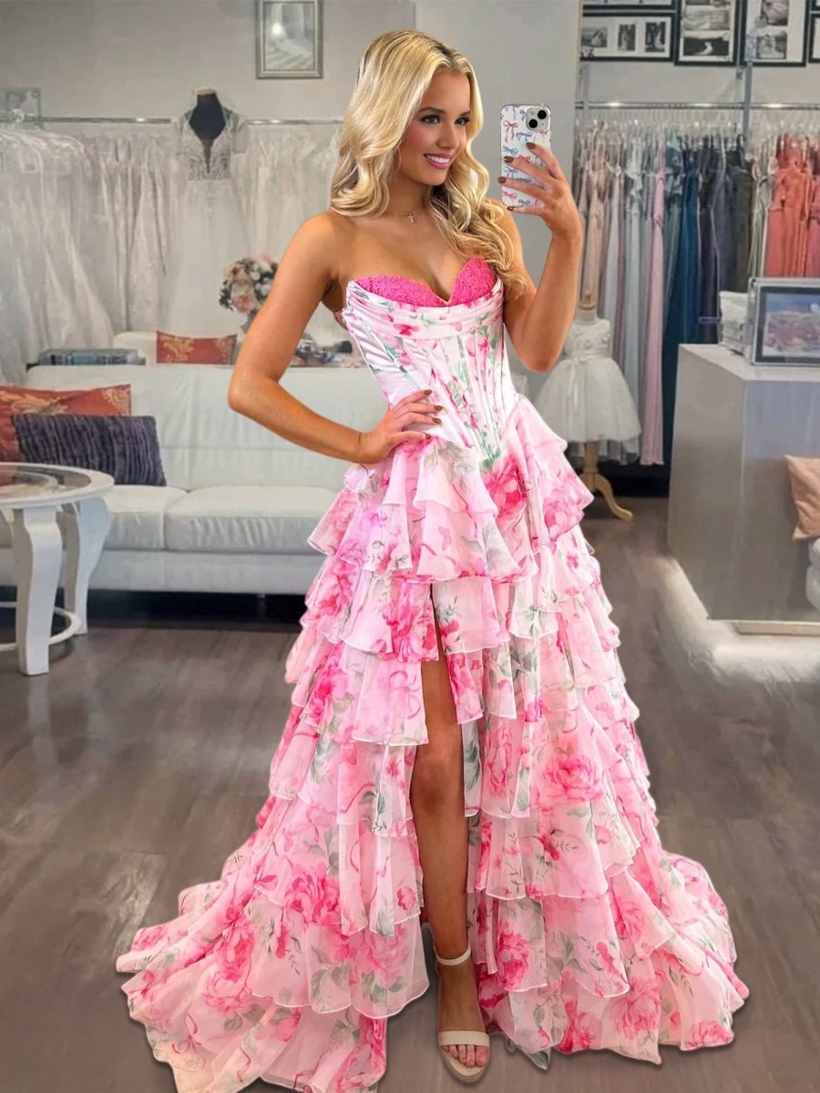 Haruko | A-Line Hot Pink Strapless Chiffon Floral Ruffled Prom Dress With Slit - KissProm