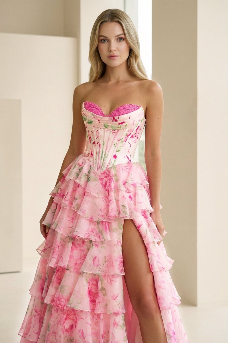Haruko | A Line Floral Blush Tiered Chiffon Long Corset Prom Dress with Slit - KissProm