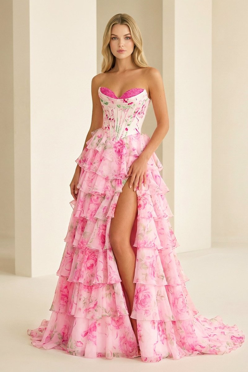 Haruko | A Line Floral Blush Tiered Chiffon Long Corset Prom Dress with Slit - KissProm