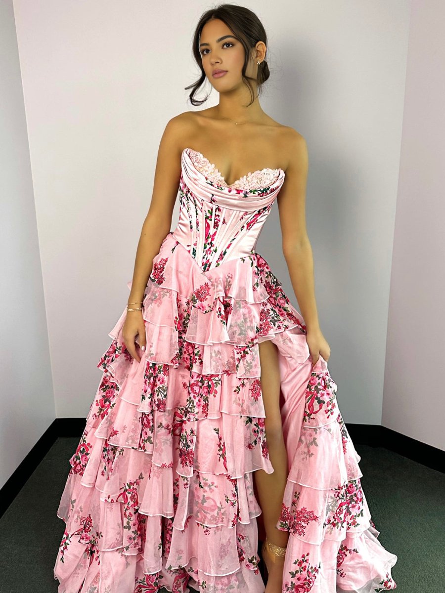 Haruko | A-Line Pink Strapless Chiffon Floral Ruffled Prom Dress With Slit - KissProm