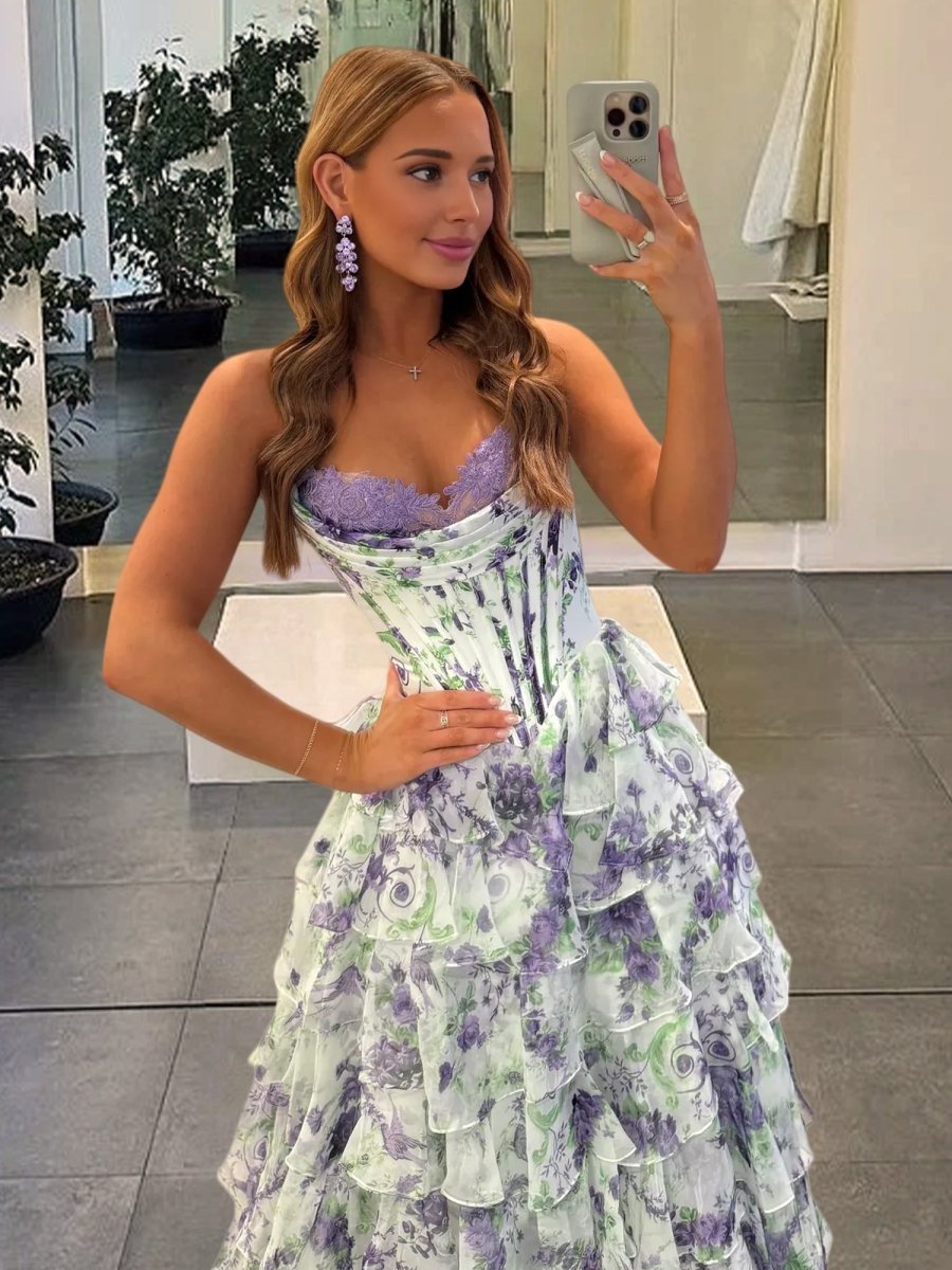 Haruko | A-Line Purple Strapless Chiffon Floral Ruffled Prom Dress With Slit - KissProm