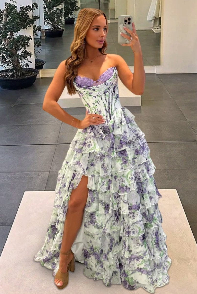 Haruko | A-Line Purple Strapless Chiffon Floral Ruffled Prom Dress With Slit - KissProm