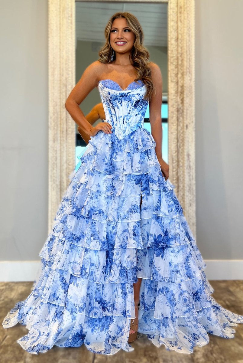 Haruko | A-Line Blue Strapless Chiffon Floral Ruffled Prom Dress With Slit - KissProm