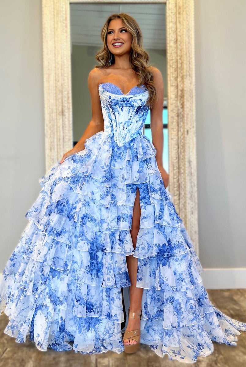 Haruko | A-Line Blue Strapless Chiffon Floral Ruffled Prom Dress With Slit - KissProm