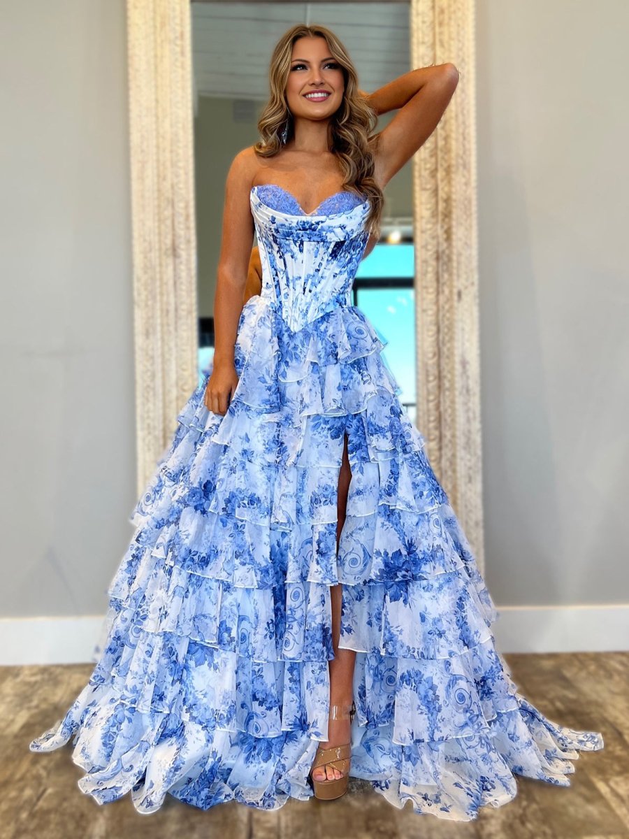 Haruko | A-Line Blue Strapless Chiffon Floral Ruffled Prom Dress With Slit - KissProm