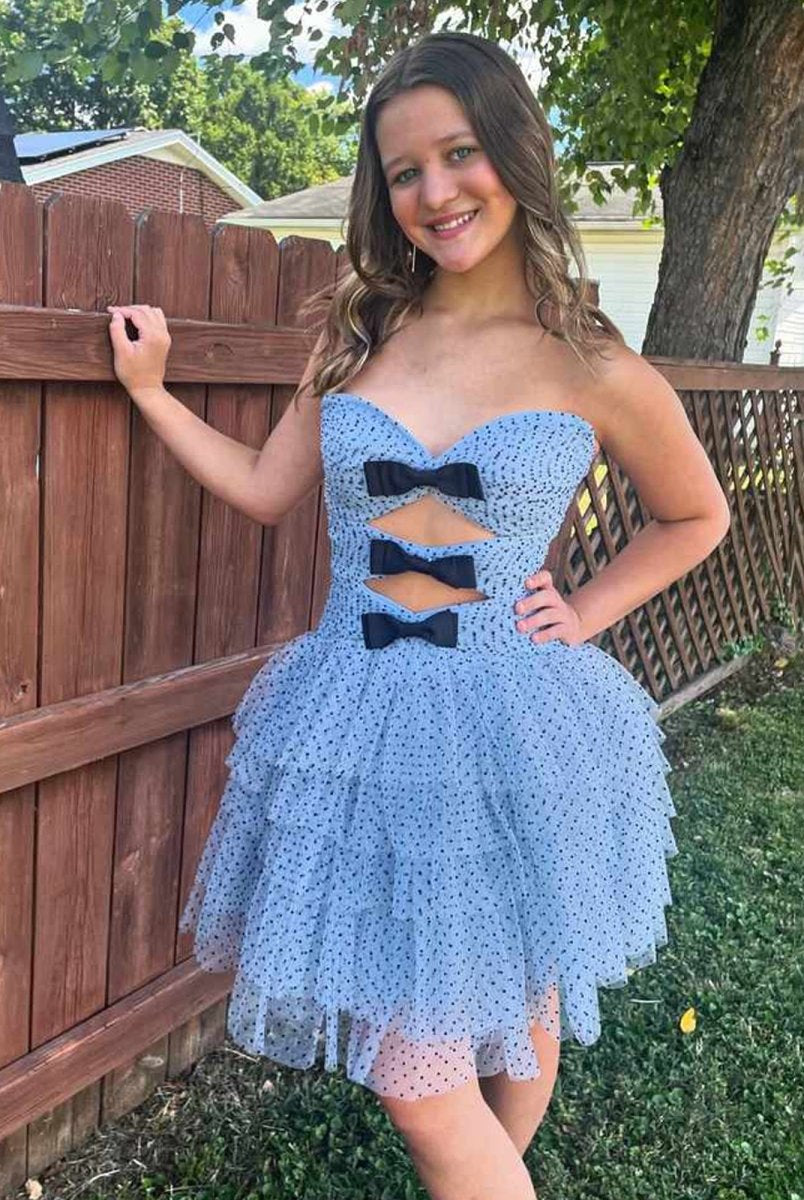 Haviah | Dusty Blue - A Line Strapless Dot Tulle Ruffle Homecoming Dresses With Bow