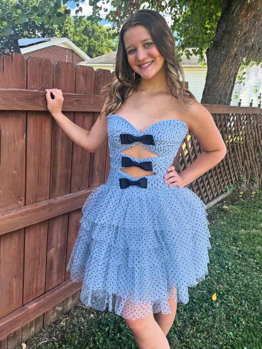 Haviah | Dusty Blue - A Line Strapless Dot Tulle Ruffle Homecoming Dresses With Bow