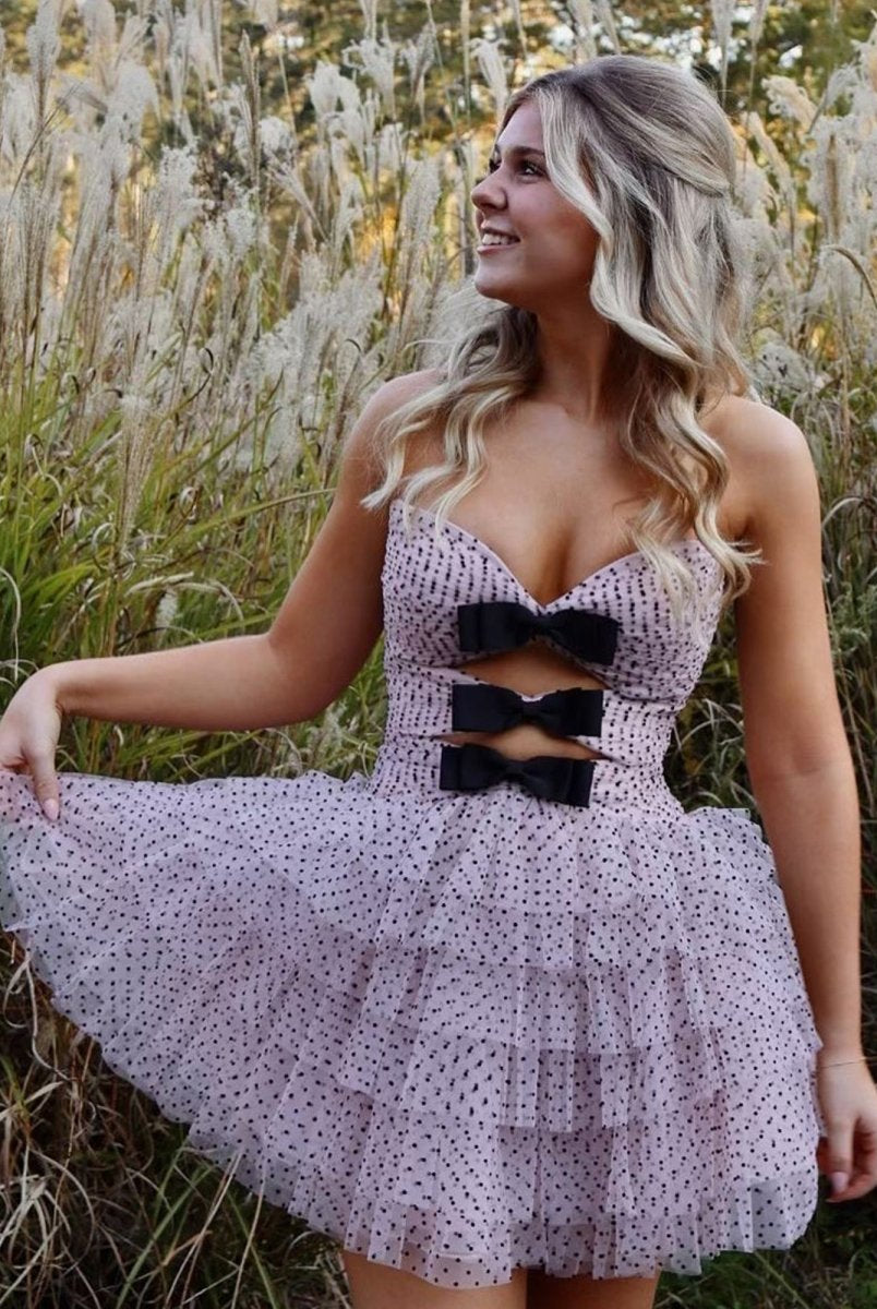 Haviah | Pink - A Line Strapless Dot Tulle Ruffle Homecoming Dresses With Bow