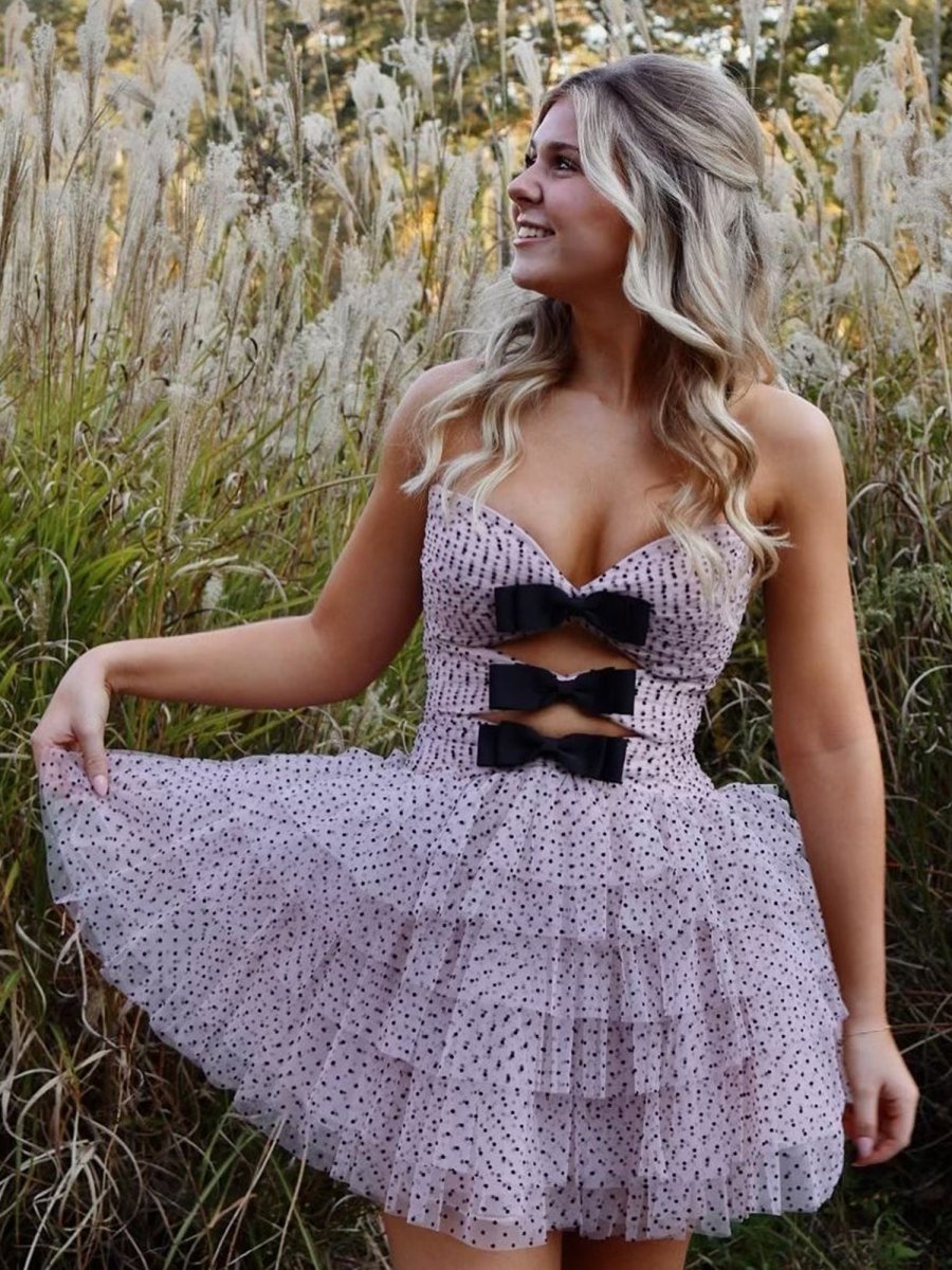 Haviah | Pink - A Line Strapless Dot Tulle Ruffle Homecoming Dresses With Bow
