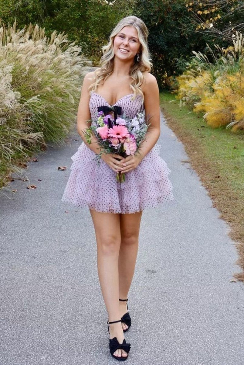 Haviah | Pink - A Line Strapless Dot Tulle Ruffle Homecoming Dresses With Bow
