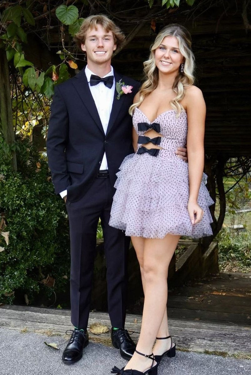 Haviah | Pink - A Line Strapless Dot Tulle Ruffle Homecoming Dresses With Bow