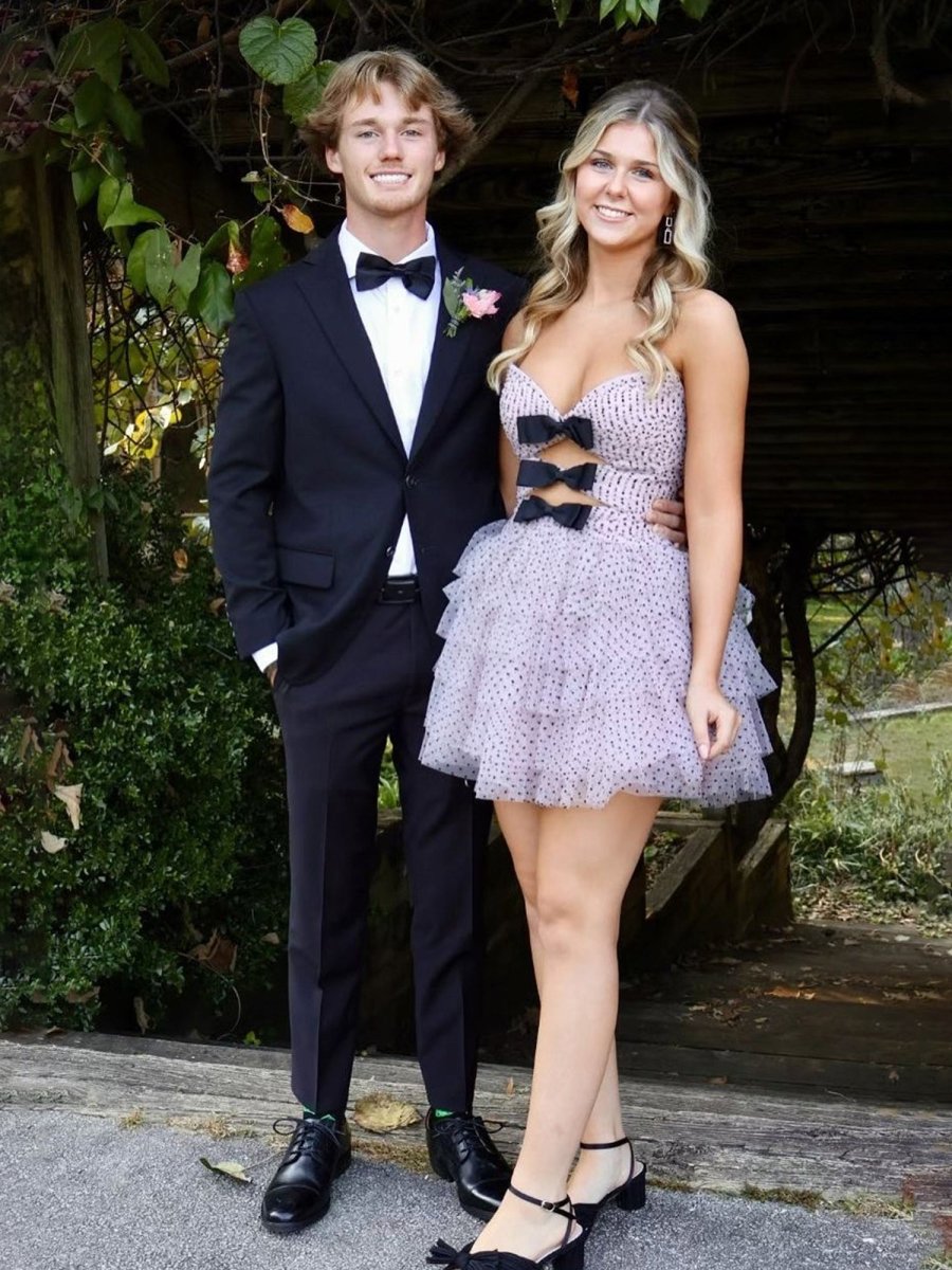 Haviah | Pink - A Line Strapless Dot Tulle Ruffle Homecoming Dresses With Bow