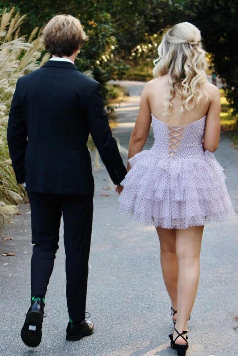 Haviah | Pink - A Line Strapless Dot Tulle Ruffle Homecoming Dresses With Bow