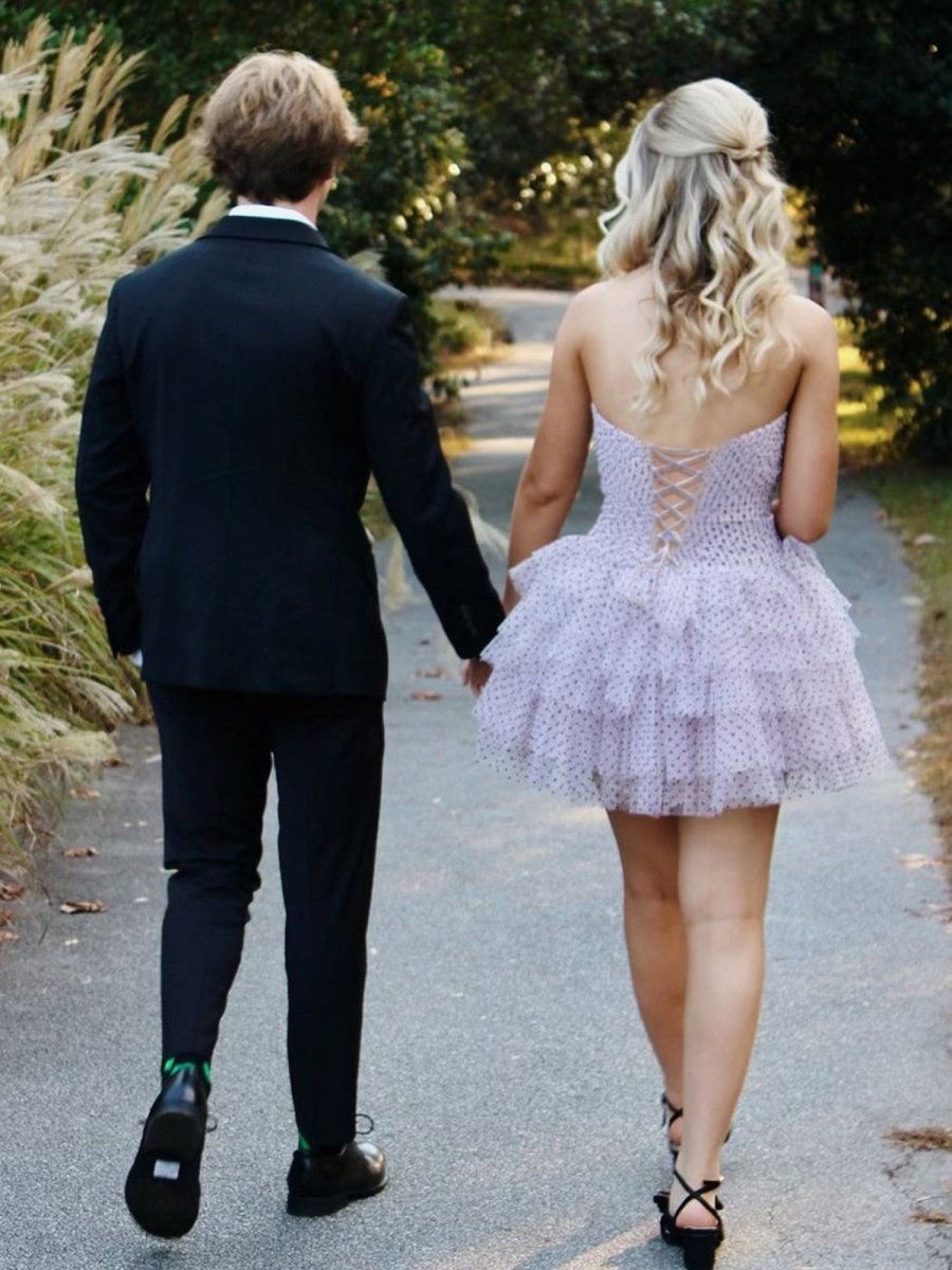 Haviah | Pink - A Line Strapless Dot Tulle Ruffle Homecoming Dresses With Bow