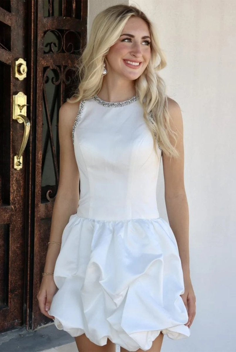 Hayla | White Jewel Neck Beaded Sleeveless Ruffle Homecoming Dress - KissProm
