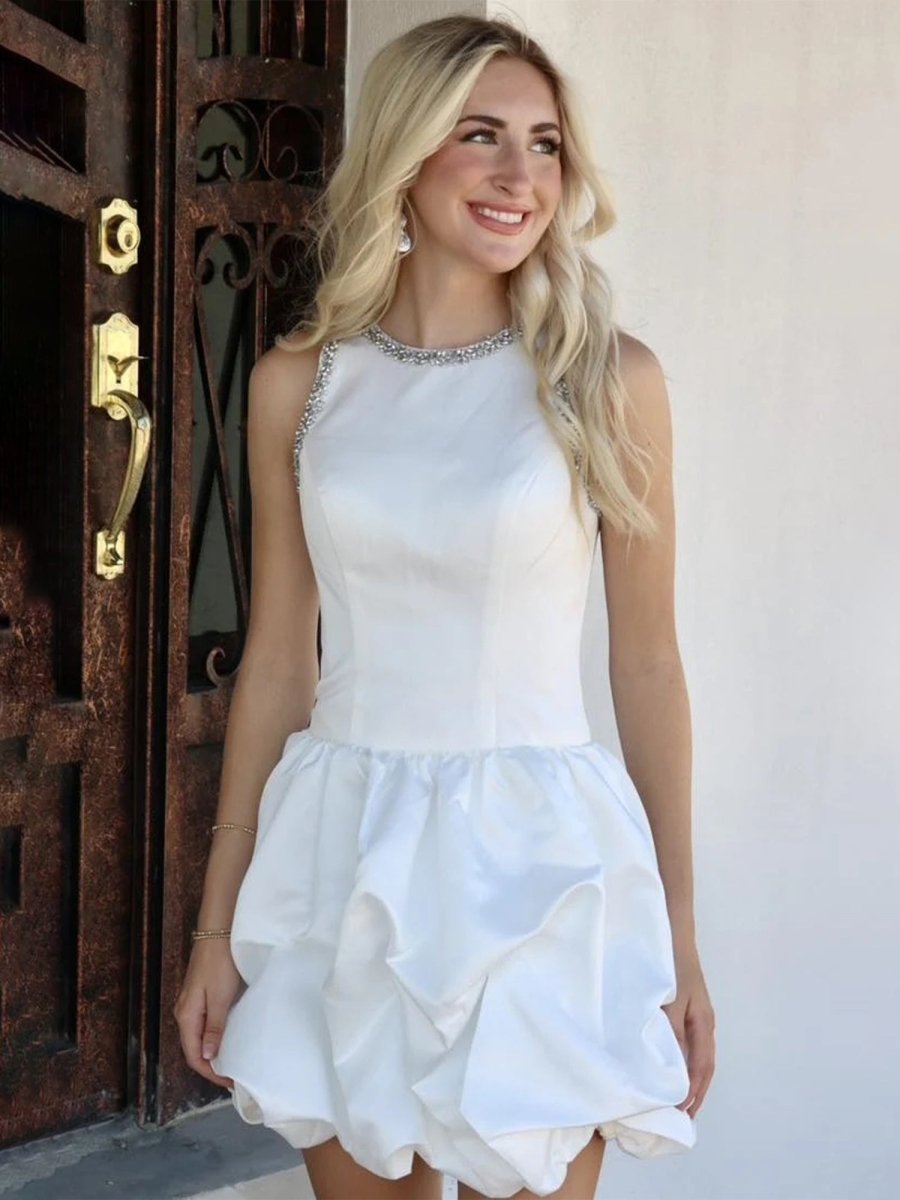 Hayla | White Jewel Neck Beaded Sleeveless Ruffle Homecoming Dress - KissProm