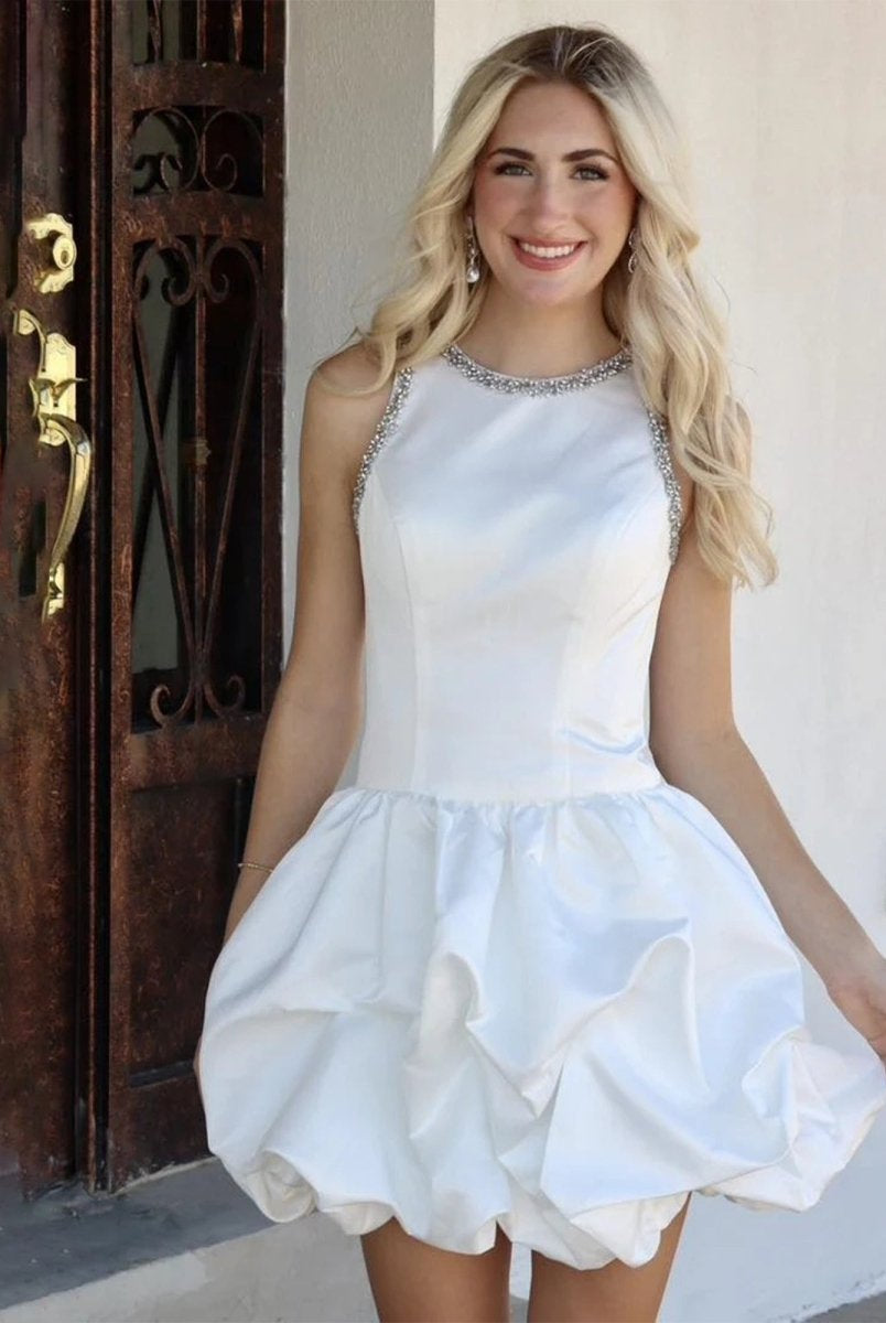 Hayla | White Jewel Neck Beaded Sleeveless Ruffle Homecoming Dress - KissProm