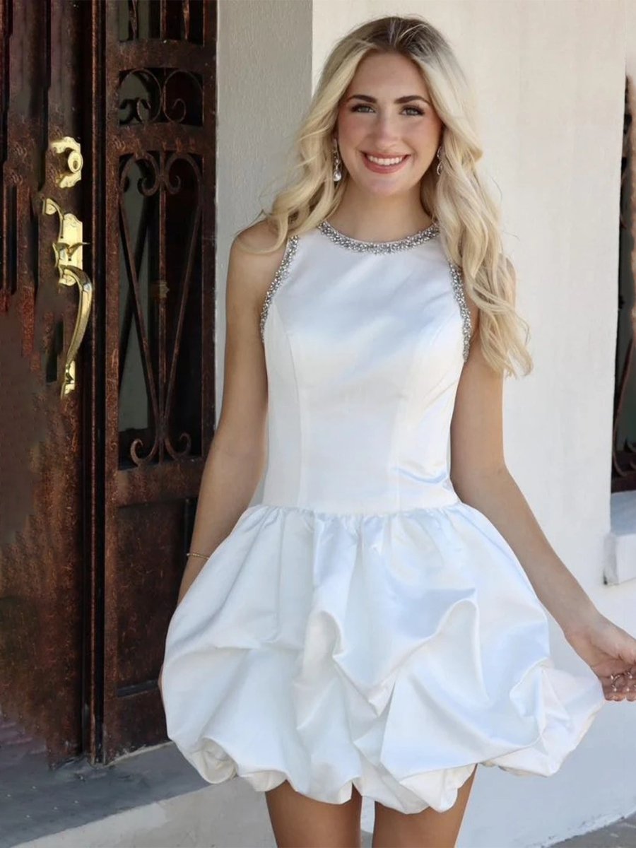 Hayla | White Jewel Neck Beaded Sleeveless Ruffle Homecoming Dress - KissProm
