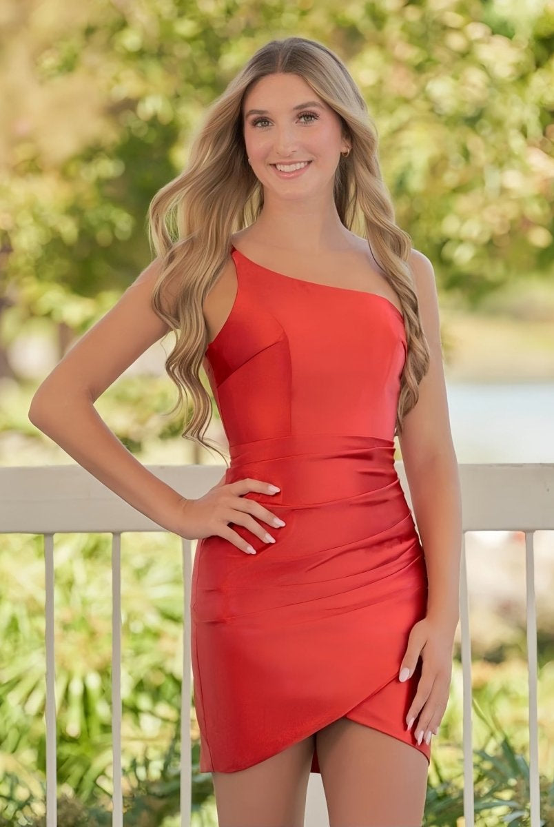 Hazel | Sheath Red One Shoulder Satin Tight Homecoming Dress - KissProm