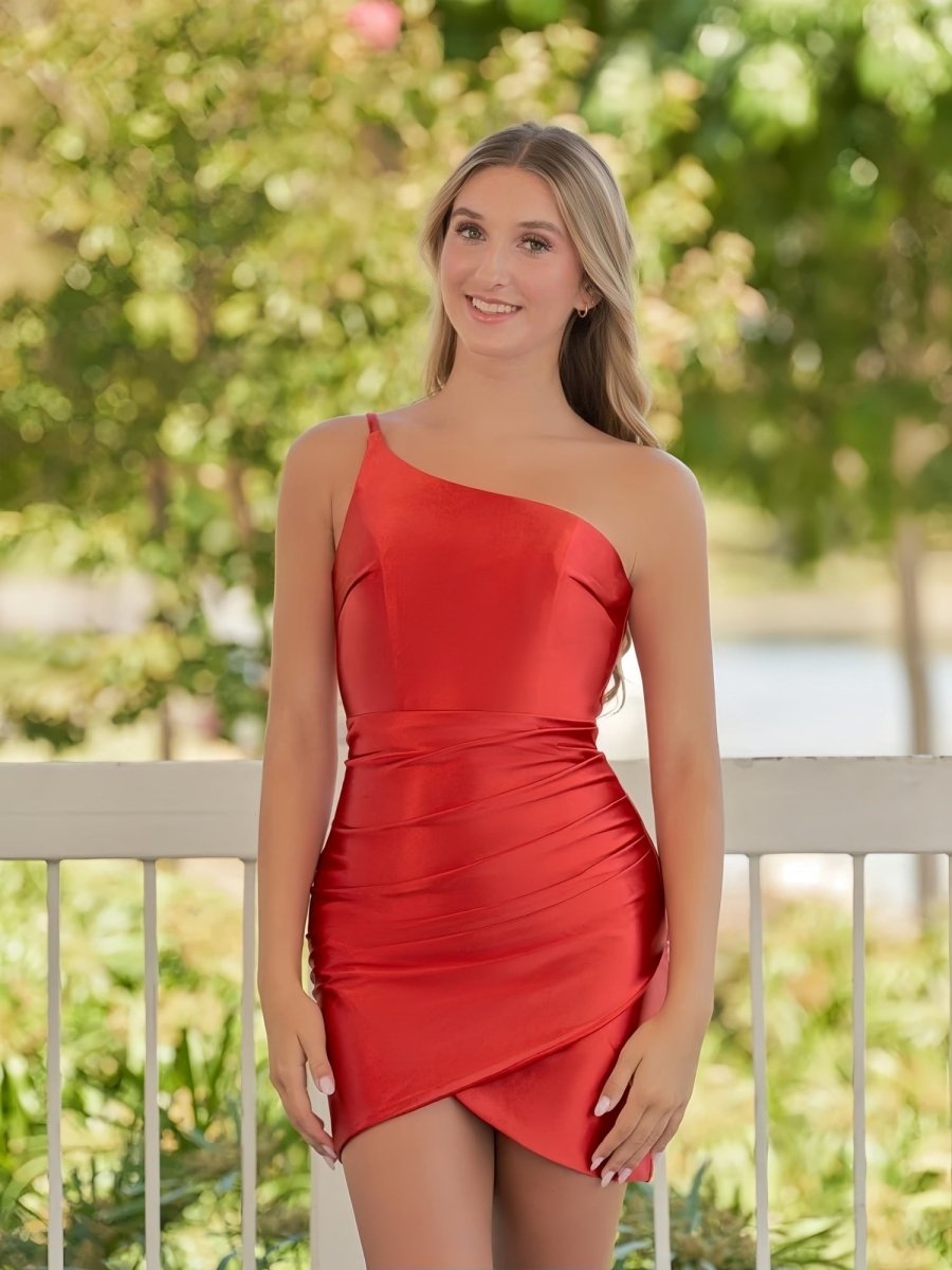 Hazel | Sheath Red One Shoulder Satin Tight Homecoming Dress - KissProm
