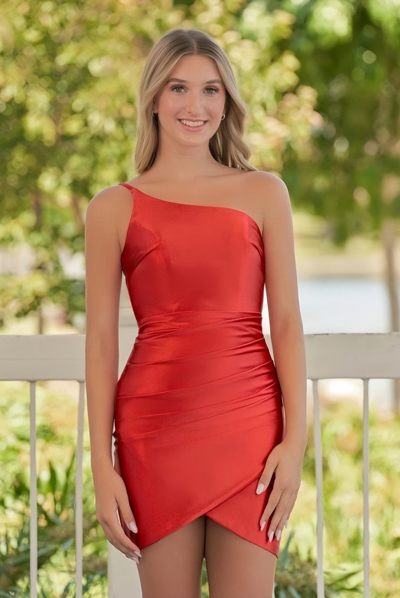 Hazel | Sheath Red One Shoulder Satin Tight Homecoming Dress - KissProm