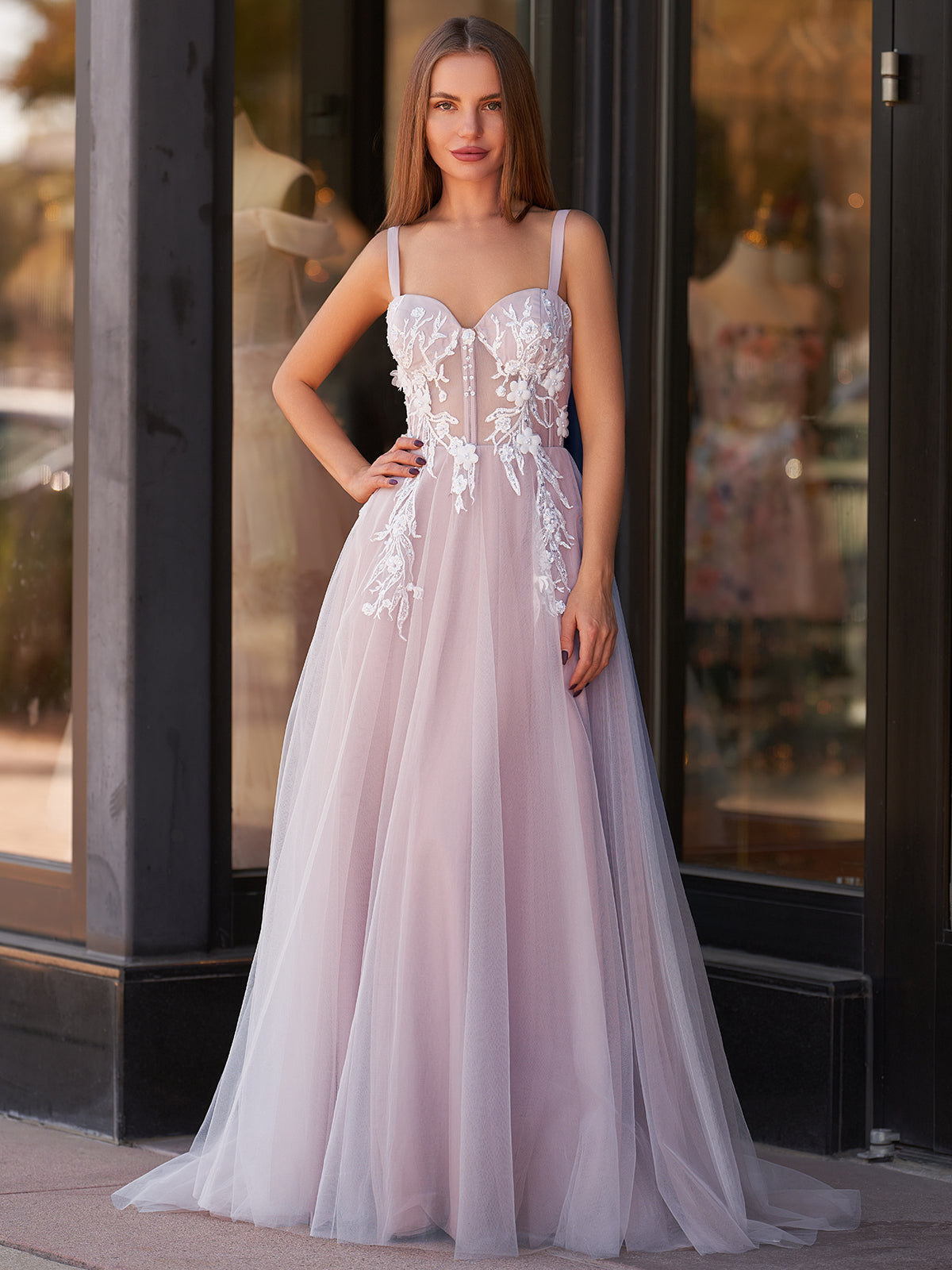 Lavender A-line Spaghetti Straps Neckline Tulle Sweep Train Prom Dress Lavender A-line Spaghetti Straps Neckline Tulle Sweep Train Prom Dress