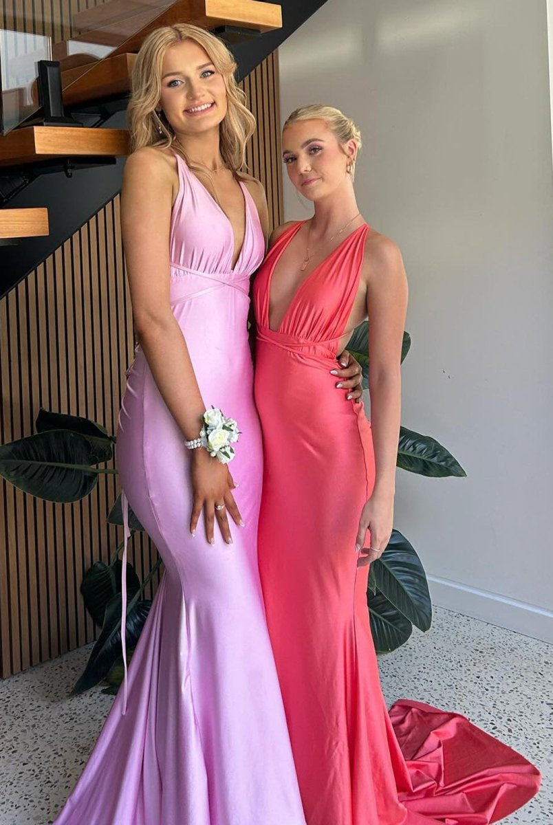 Helaina | Plunge Neck Light Pink Mermaid Satin Long Prom Dress