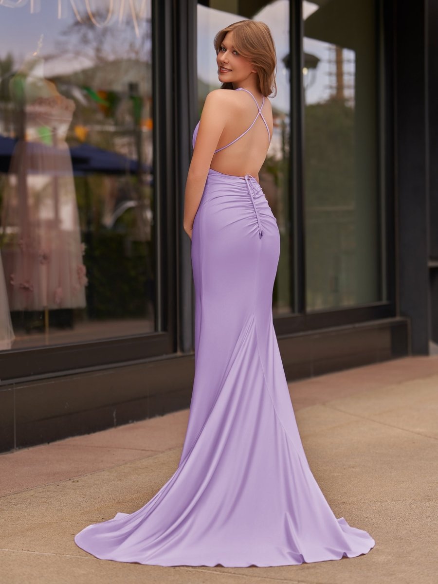 Helaina | Plunge Neck Light Pink Mermaid Satin Long Prom Dress