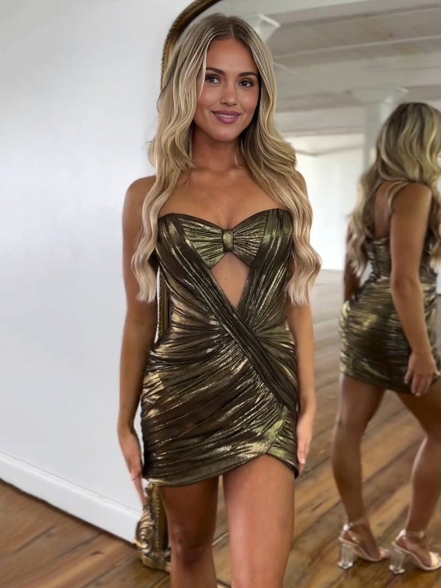 Helia | Gold - Strapless Bodycon Metallic Short Homecoming Dress With Keyhole