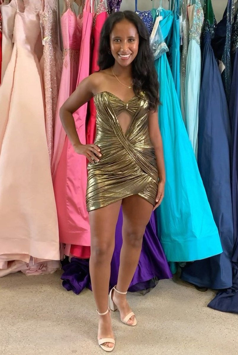 Helia | Gold - Strapless Bodycon Metallic Short Homecoming Dress With Keyhole