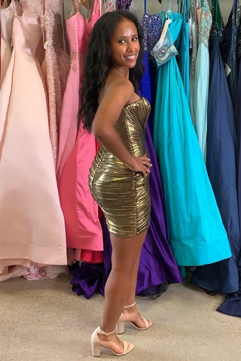 Helia | Gold - Strapless Bodycon Metallic Short Homecoming Dress With Keyhole