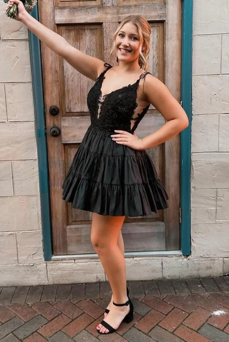 Heliodor | Black - V Neck Satin A Line Ruffles Homecoming Dresses With Appliques