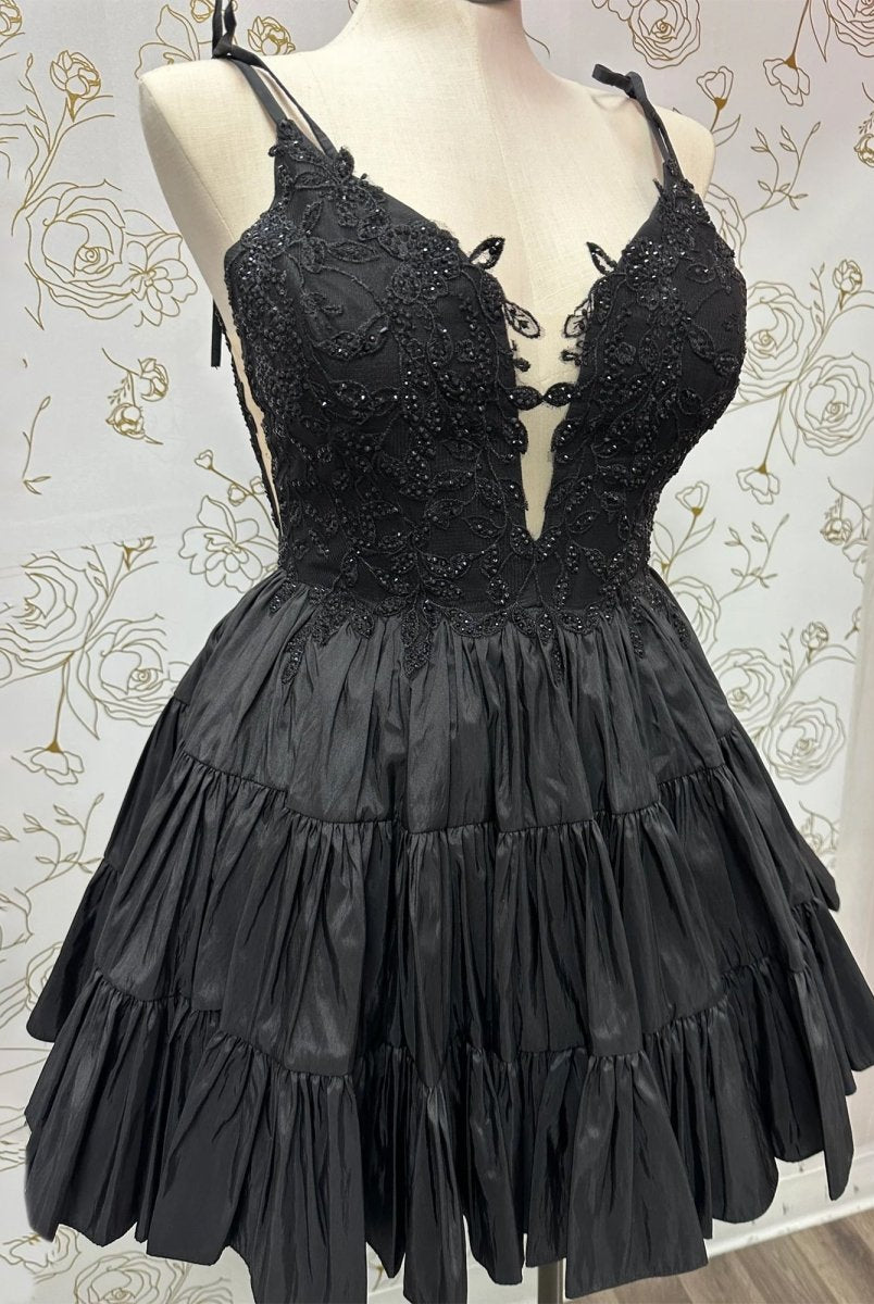 Heliodor | Black - V Neck Satin A Line Ruffles Homecoming Dresses With Appliques