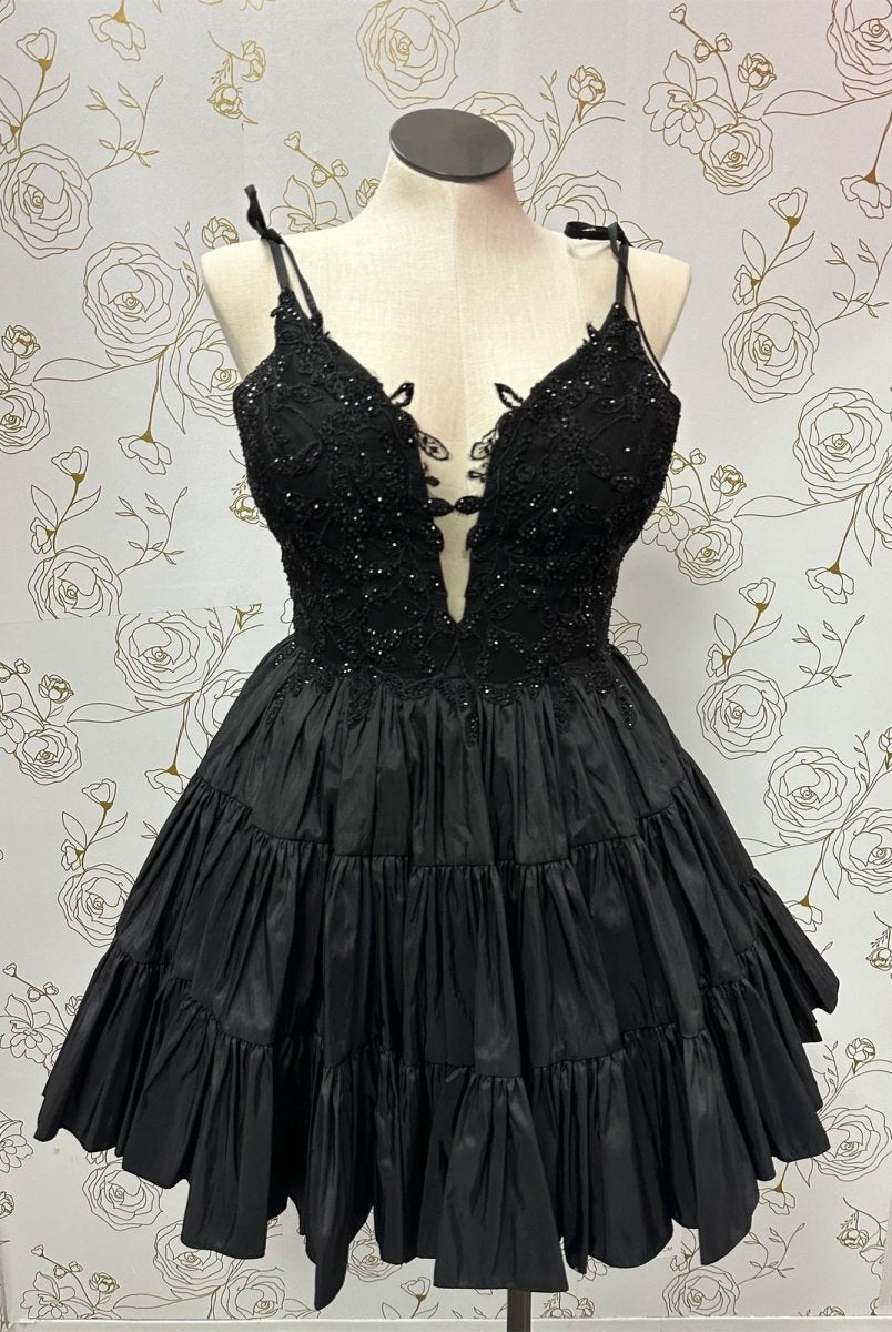 Heliodor | Black - V Neck Satin A Line Ruffles Homecoming Dresses With Appliques