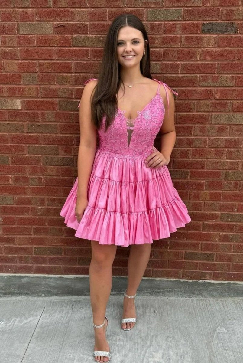 Heliodor | Pink - V Neck Satin A Line Ruffles Homecoming Dresses With Appliques