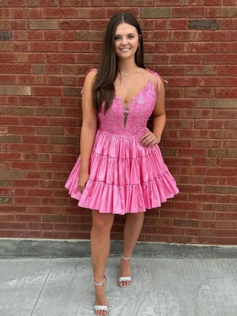 Pink - V Neck Satin A Line Ruffles Homecoming Dresses With Appliques Pink - V Neck Satin A Line Ruffles Homecoming Dresses With Appliques