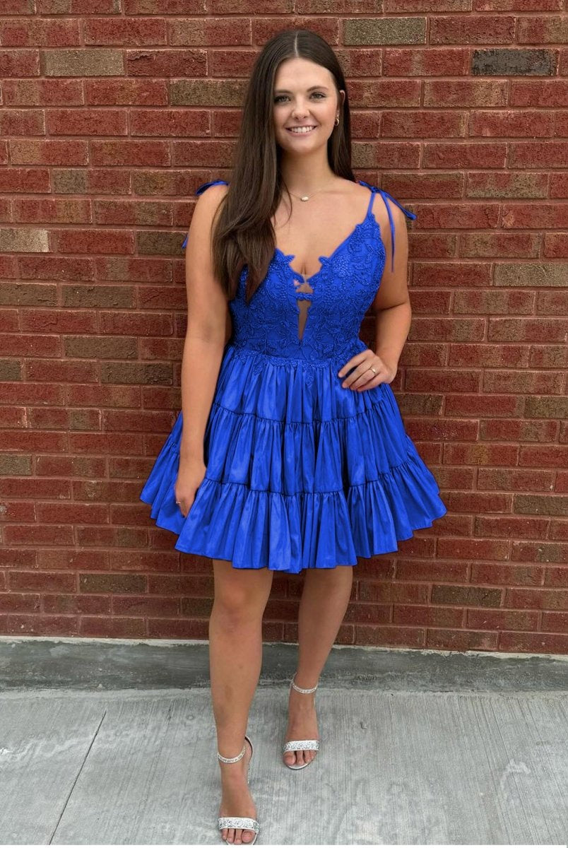 Heliodor | Royal Blue - V Neck Satin A Line Ruffles Homecoming Dresses With Appliques - KissProm